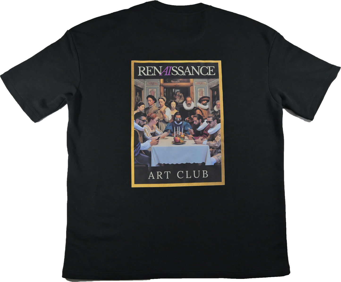 Renaissance Art Club T-shirt met kunstwerk van Leonardo da Vinci, hoogwaardige katoenmix, beschikbaar in verschillende maten en kleuren.