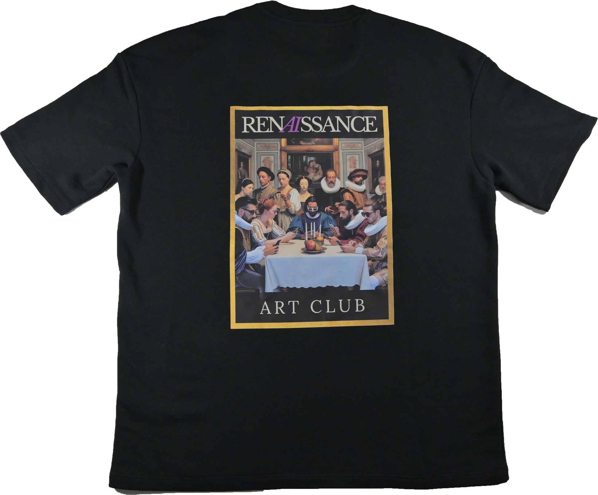 Renaissance Art Club T-shirt met kunstwerk van Leonardo da Vinci, hoogwaardige katoenmix, beschikbaar in verschillende maten en kleuren.